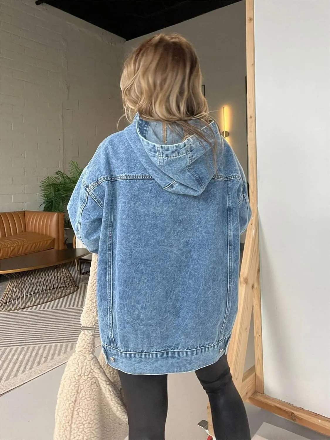 Melliflo Women Denim Hoodie with Pockets Long Sleeve Vintage Acid Wash Shirts Hooded Oversized Sweatshirts Jean Tops