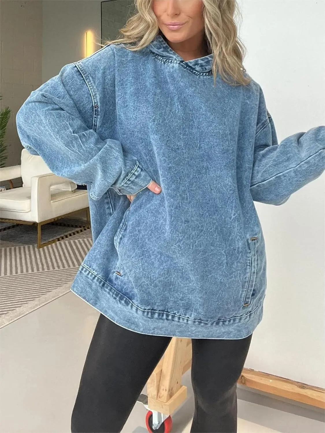 Melliflo Women Denim Hoodie with Pockets Long Sleeve Vintage Acid Wash Shirts Hooded Oversized Sweatshirts Jean Tops