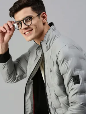 Men Casual Solid Grey Padded Jacket
