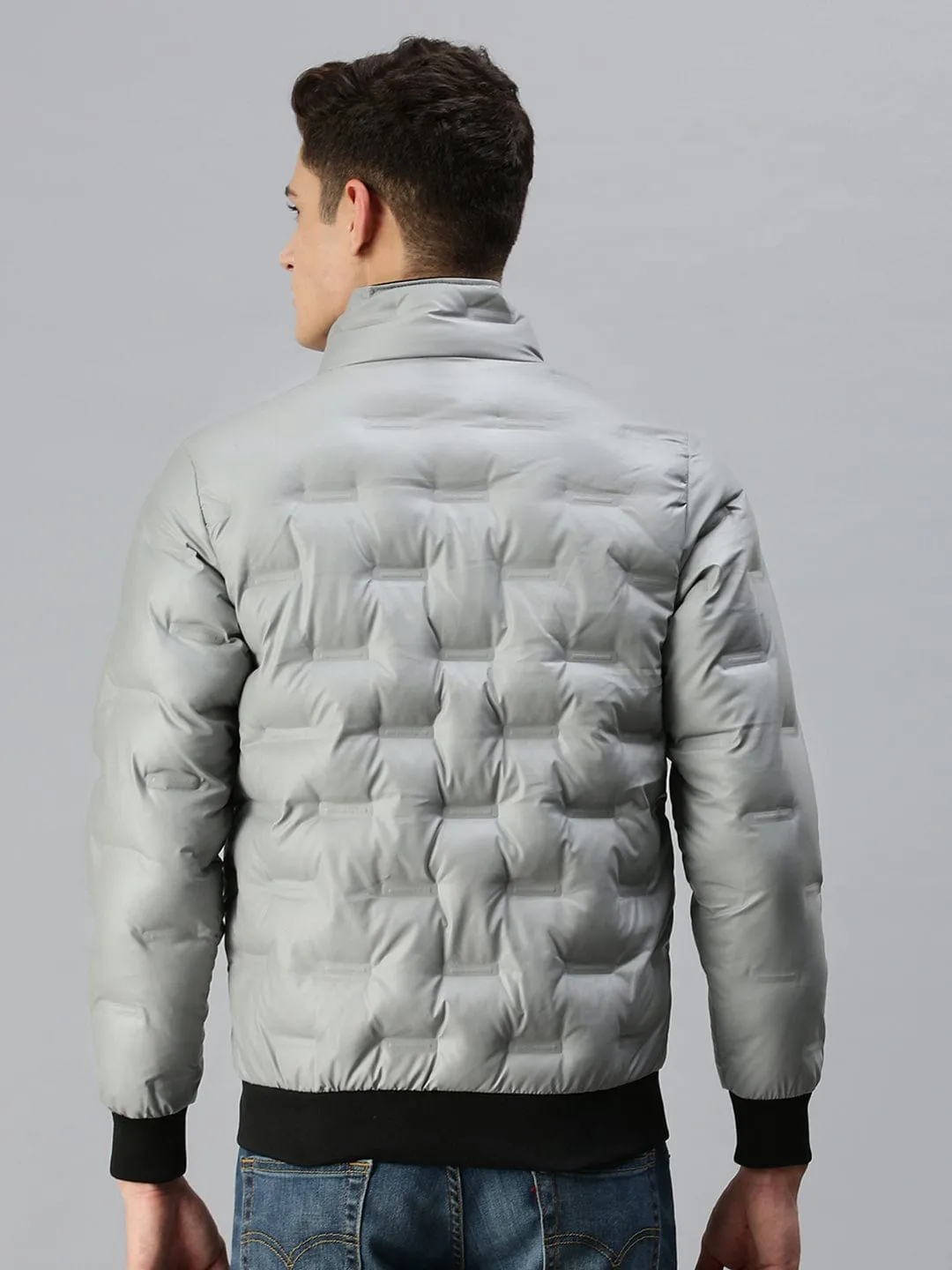 Men Casual Solid Grey Padded Jacket