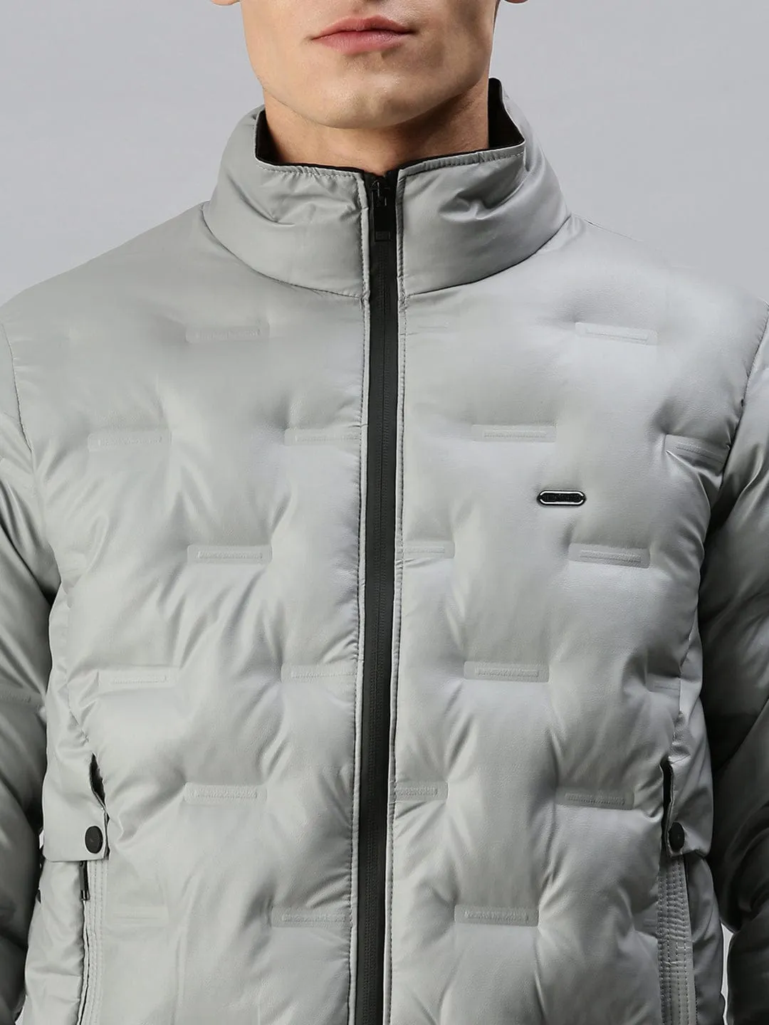 Men Casual Solid Grey Padded Jacket