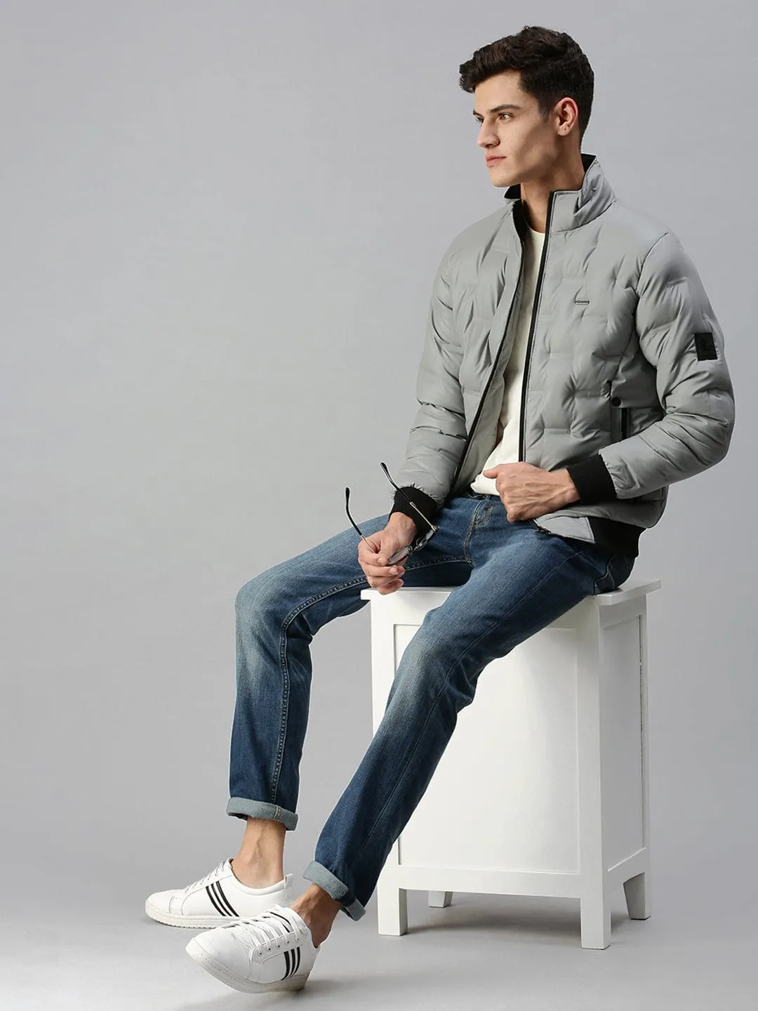 Men Casual Solid Grey Padded Jacket