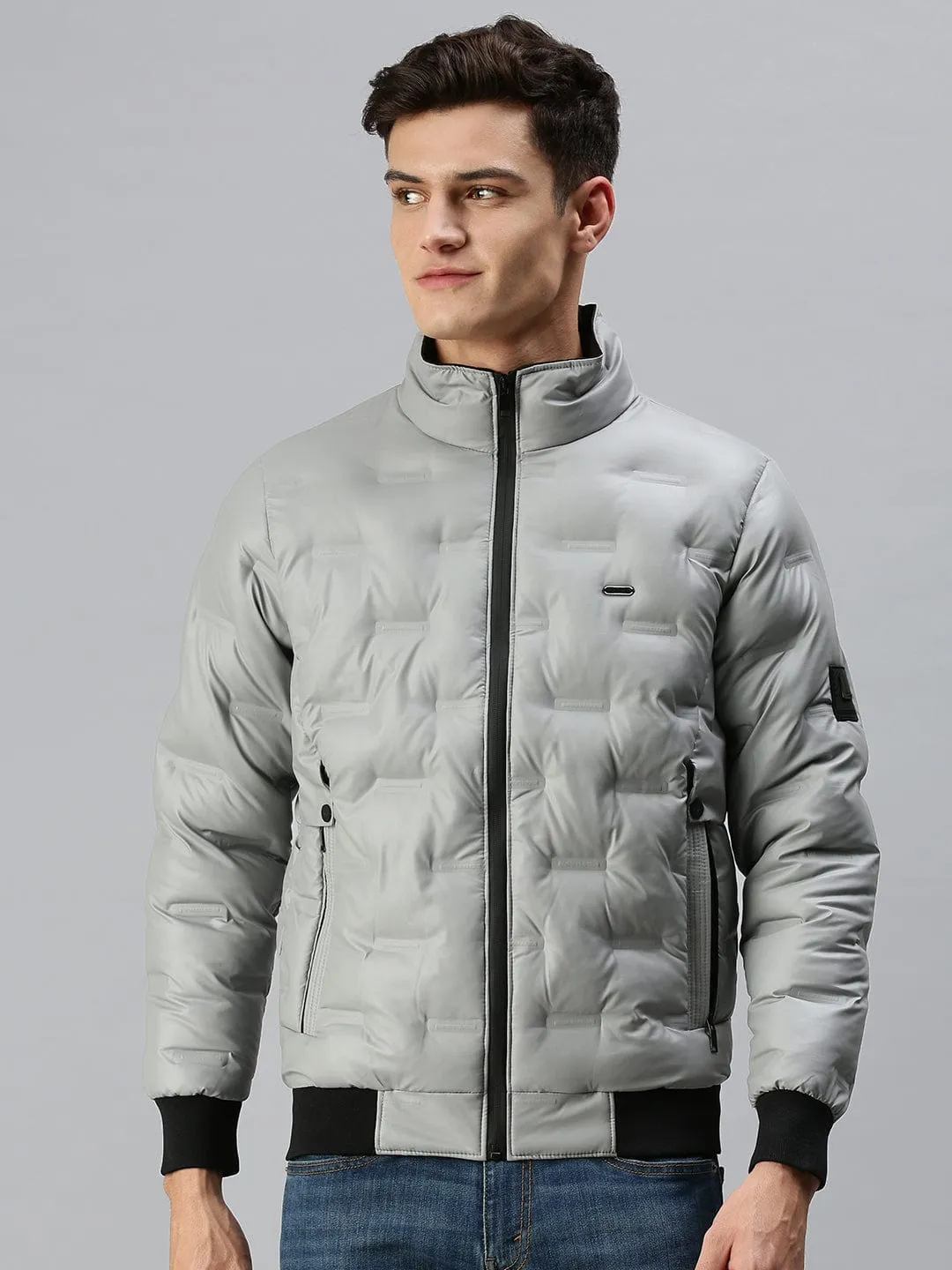 Men Casual Solid Grey Padded Jacket