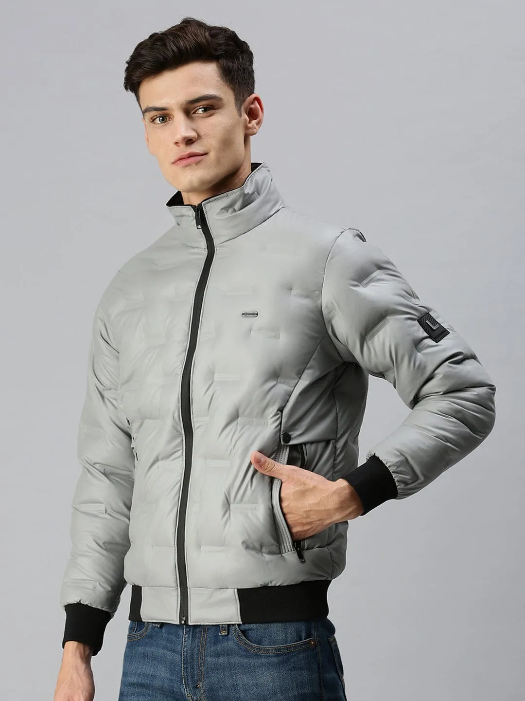 Men Casual Solid Grey Padded Jacket