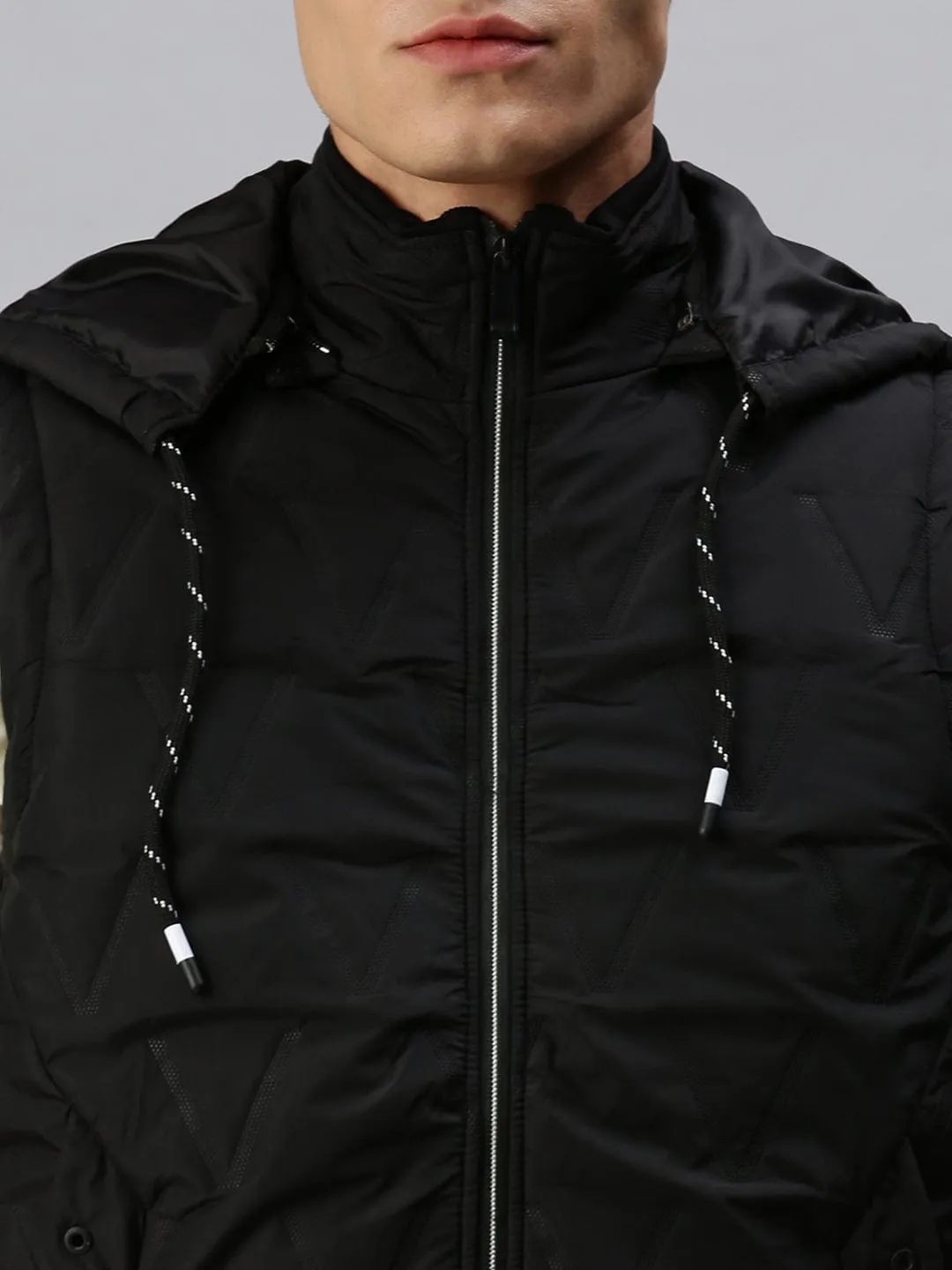 Men Hooded Solid Black Padded Jacket