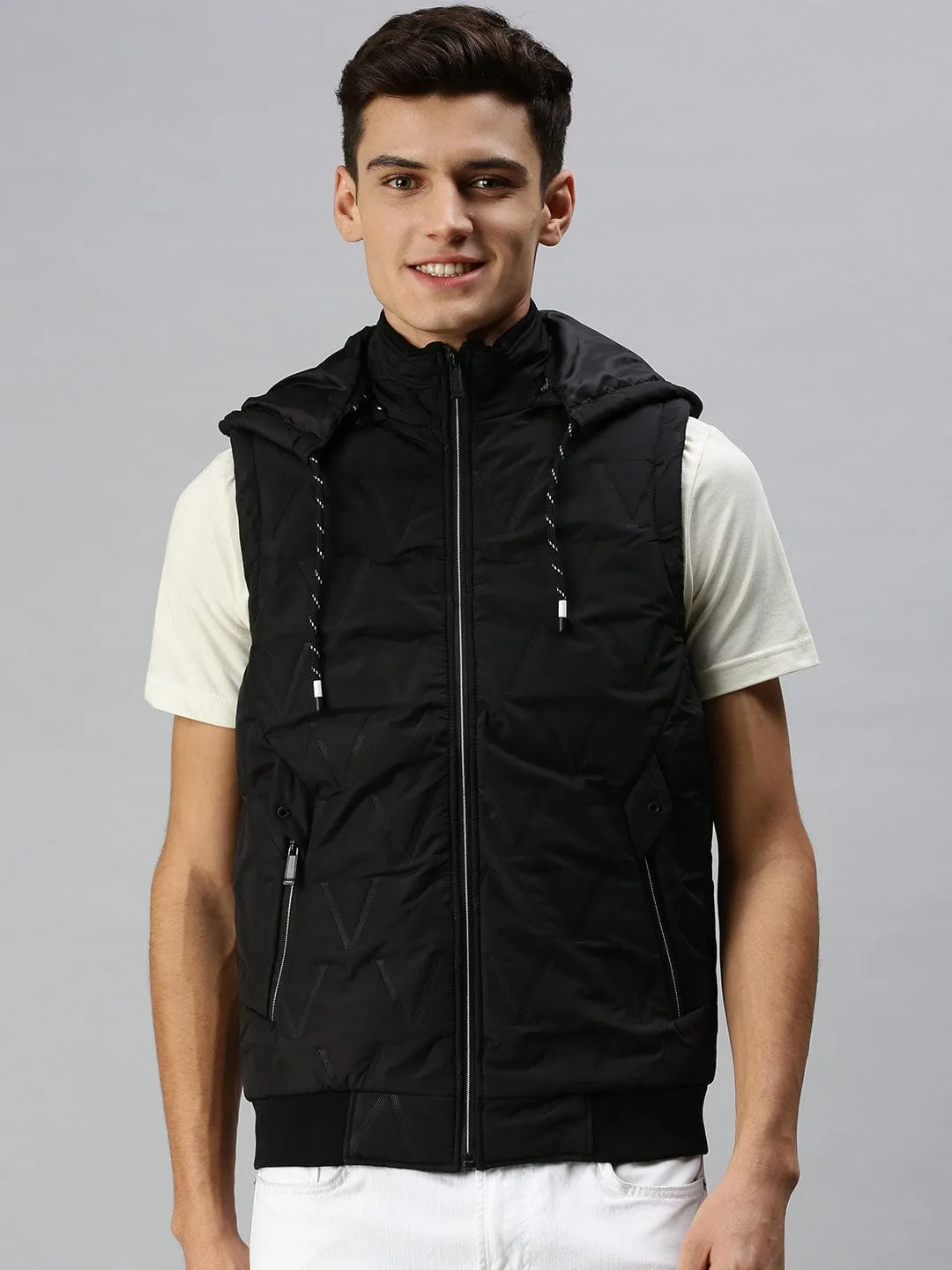 Men Hooded Solid Black Padded Jacket