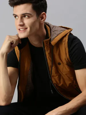 Men Hooded Solid Tan Padded Jacket