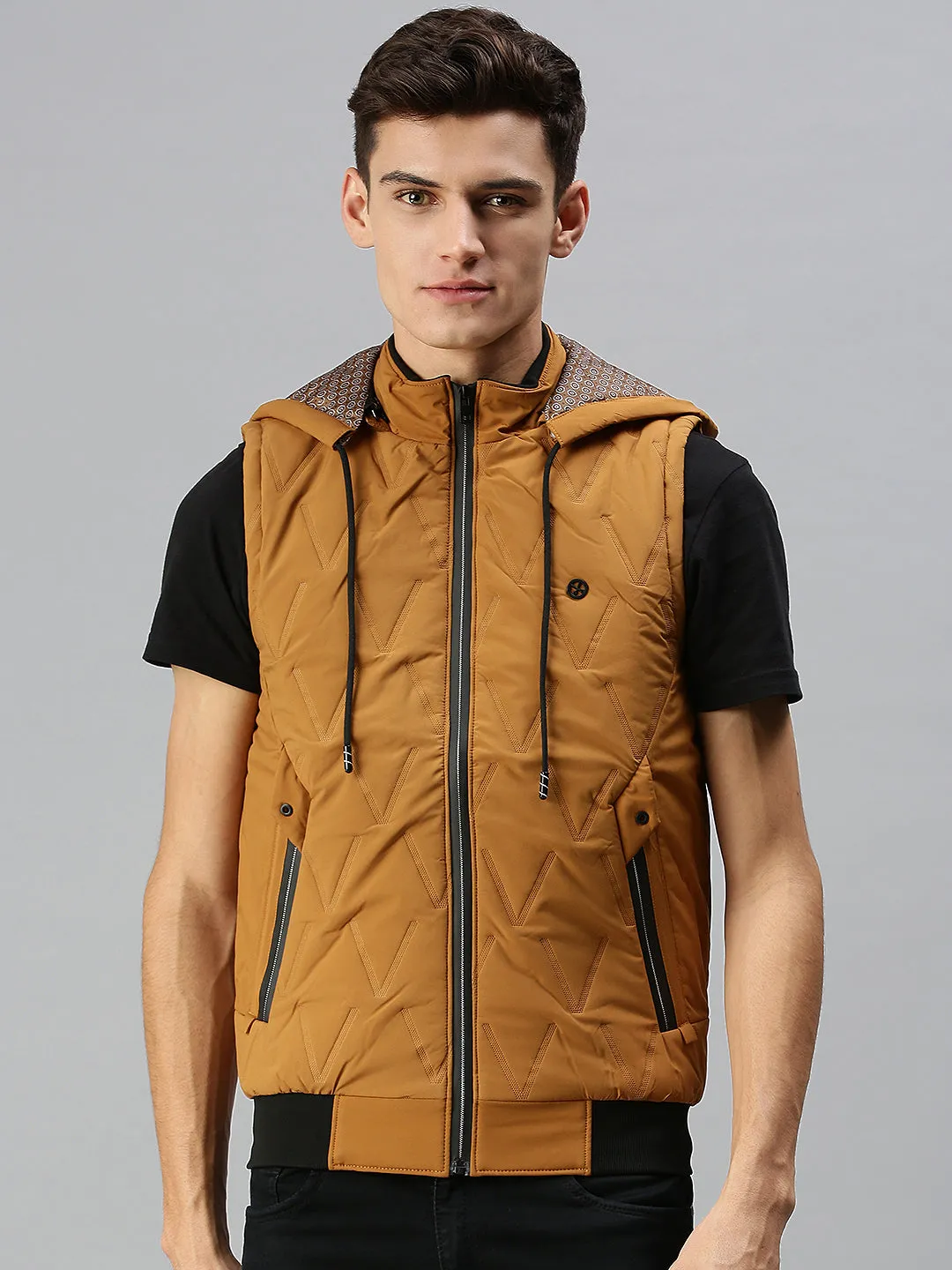 Men Hooded Solid Tan Padded Jacket