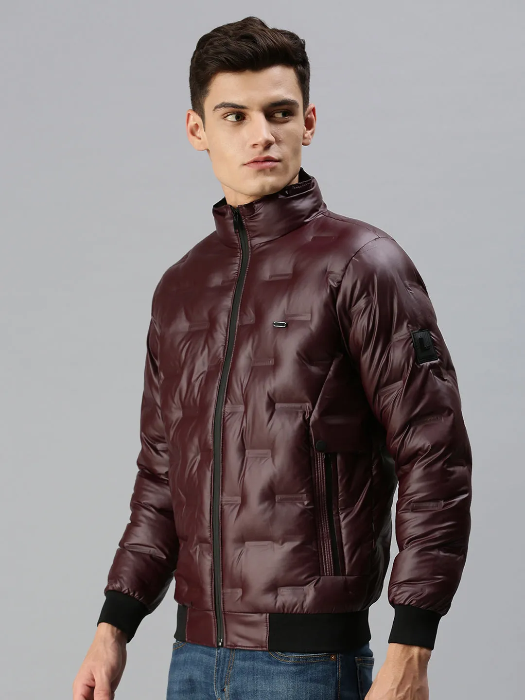 Men Maroon Self Design Biker Jacket