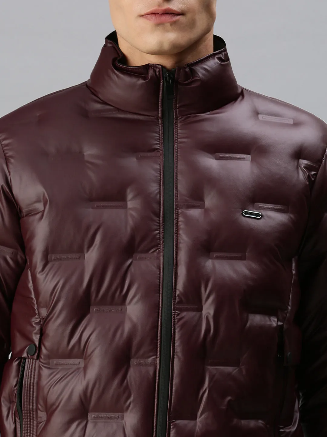 Men Maroon Self Design Biker Jacket