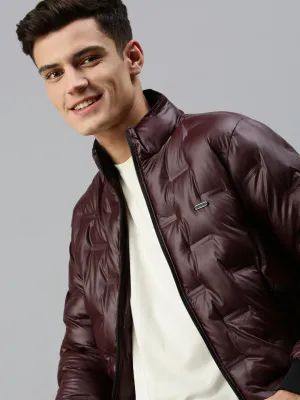 Men Maroon Self Design Biker Jacket