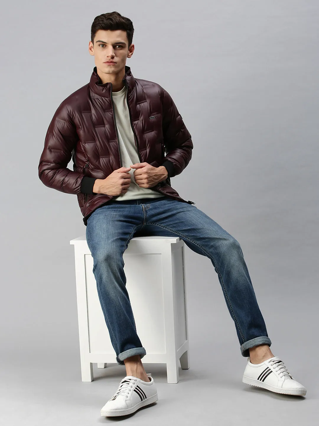 Men Maroon Self Design Biker Jacket