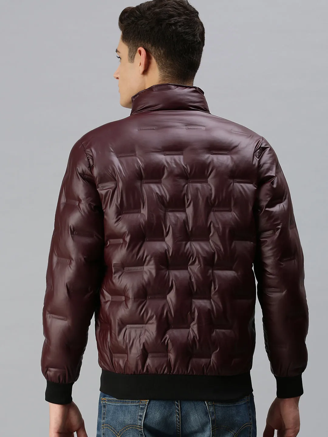 Men Maroon Self Design Biker Jacket