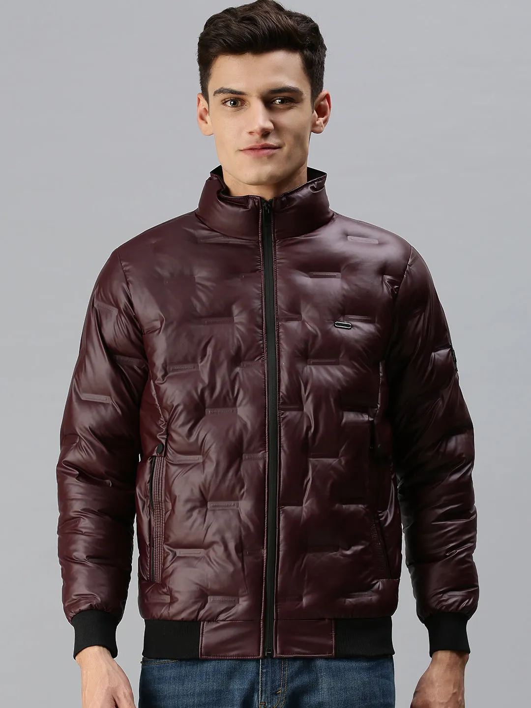Men Maroon Self Design Biker Jacket