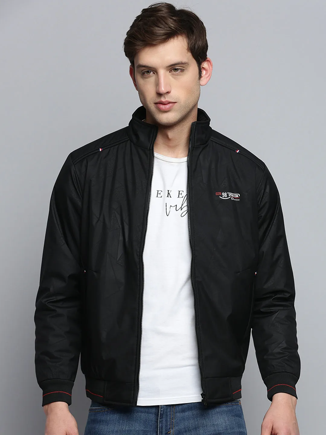 Men Mock Black Collar Geometric Printed Padded Jacket