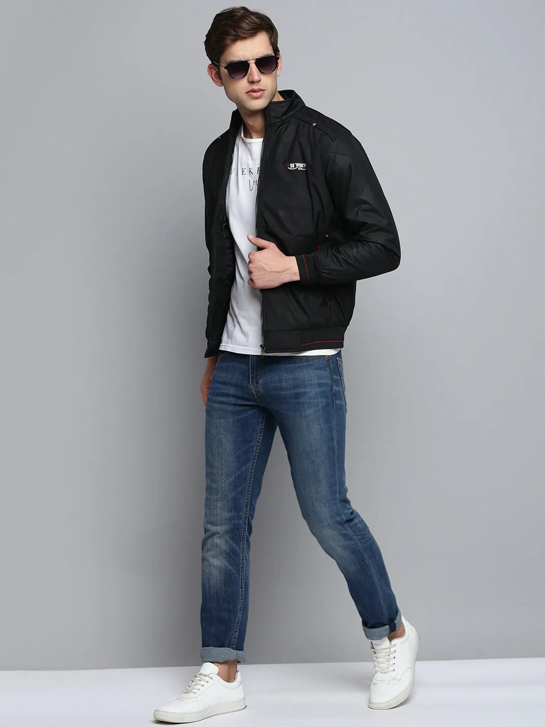 Men Mock Black Collar Geometric Printed Padded Jacket