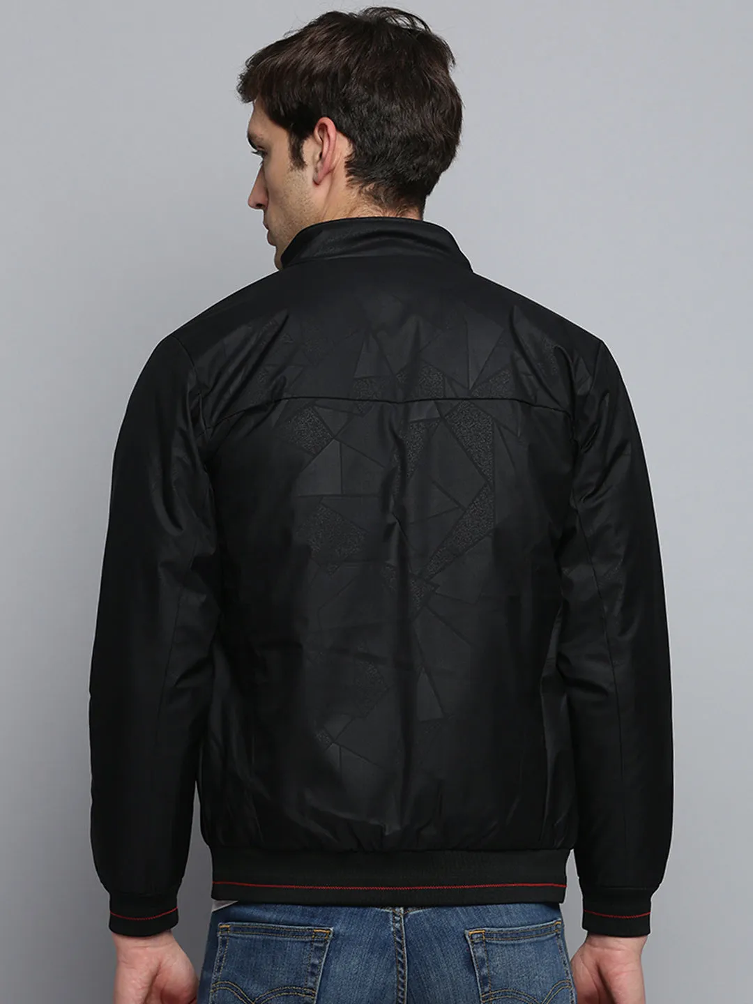 Men Mock Black Collar Geometric Printed Padded Jacket