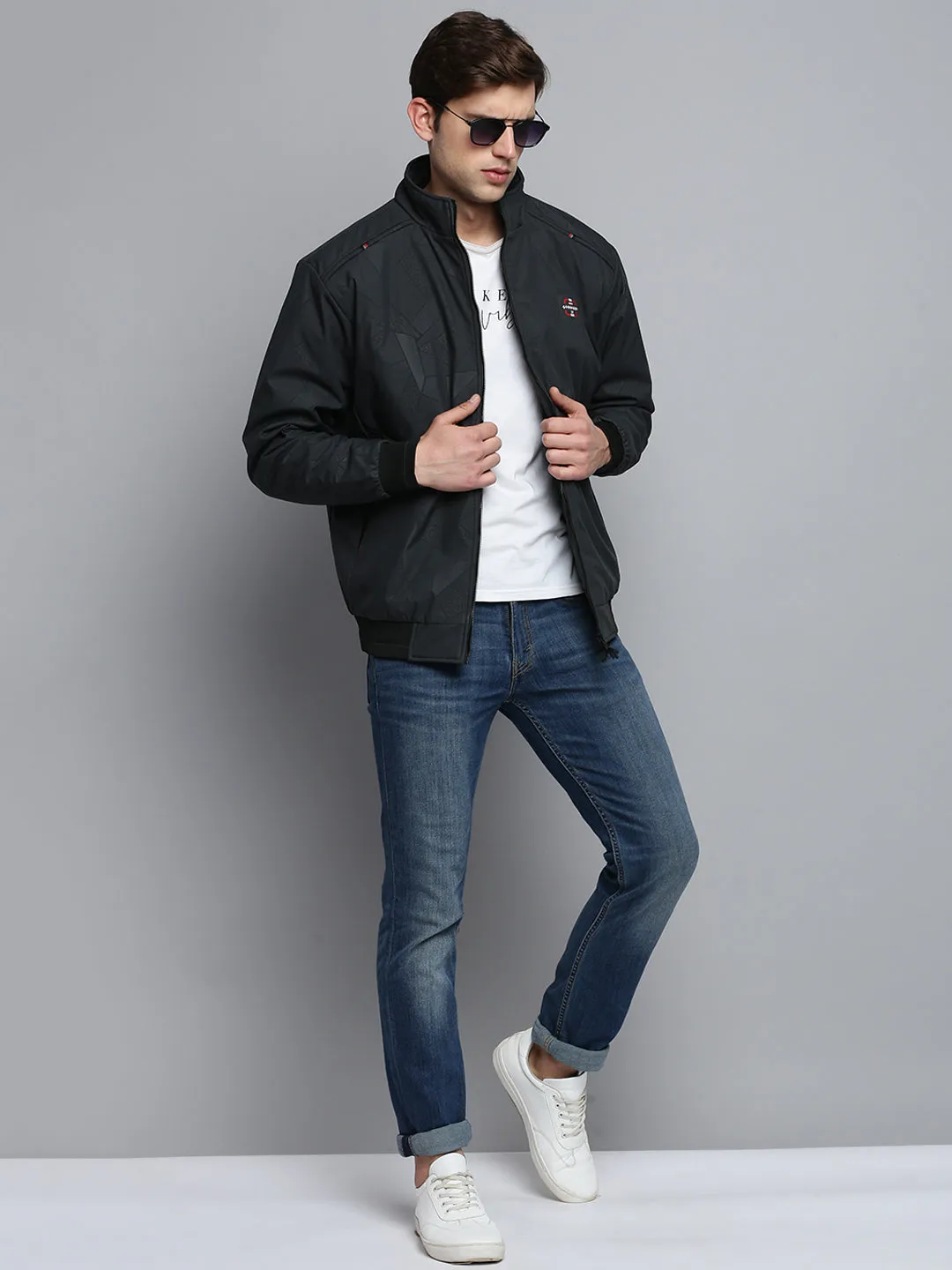 Men Mock Collar Solid Grey Padded Jacket
