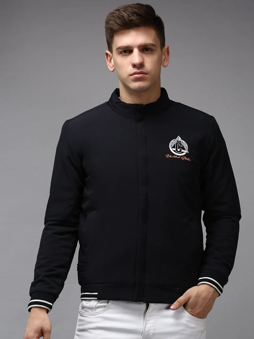 Men Navy Blue Water Resistant Bomber Jacket