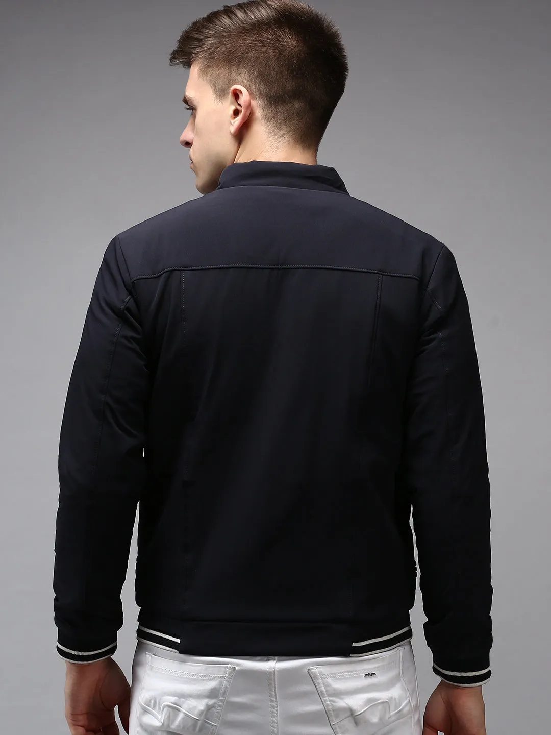 Men Navy Blue Water Resistant Bomber Jacket