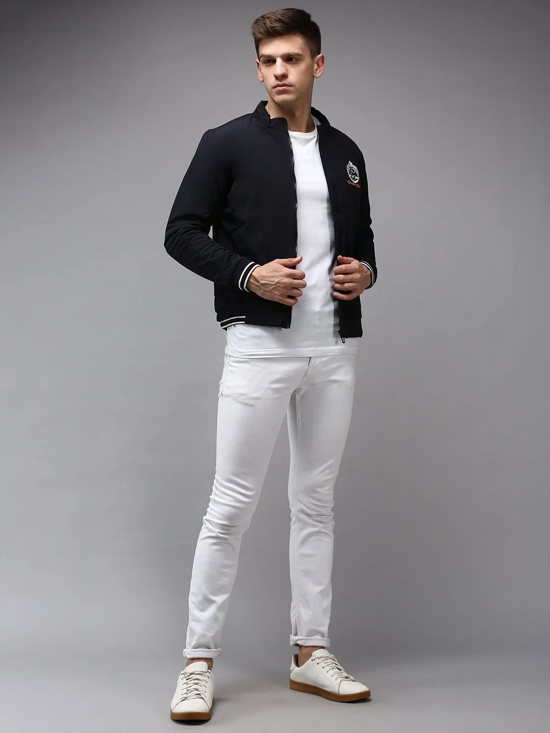 Men Navy Blue Water Resistant Bomber Jacket