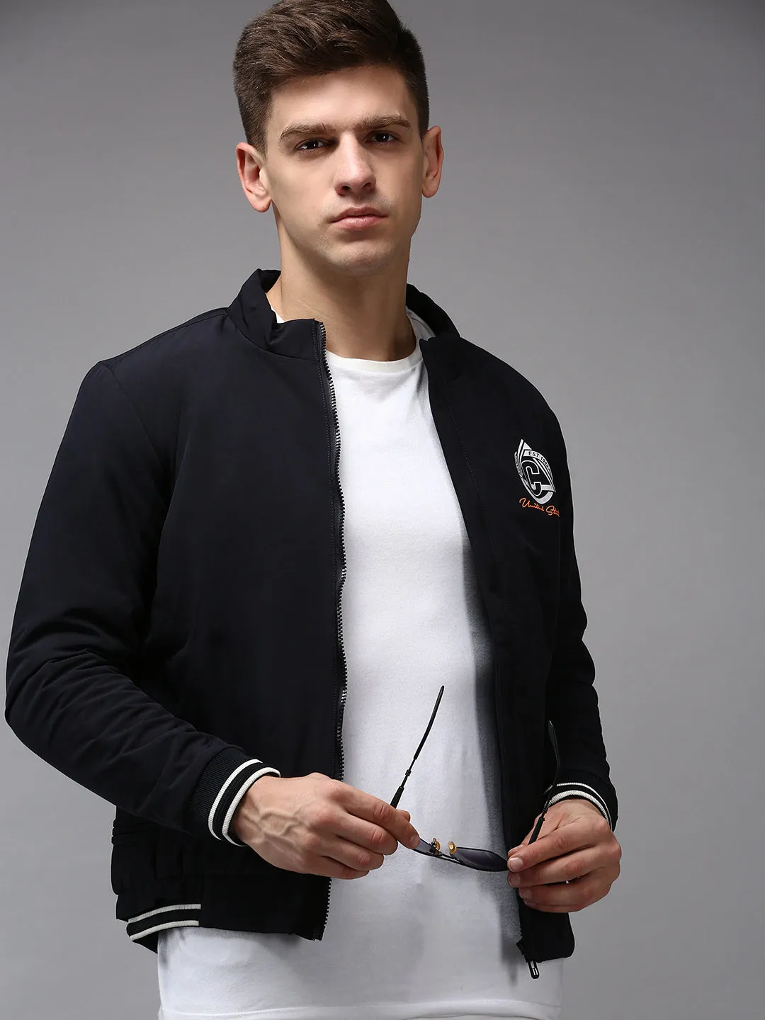 Men Navy Blue Water Resistant Bomber Jacket