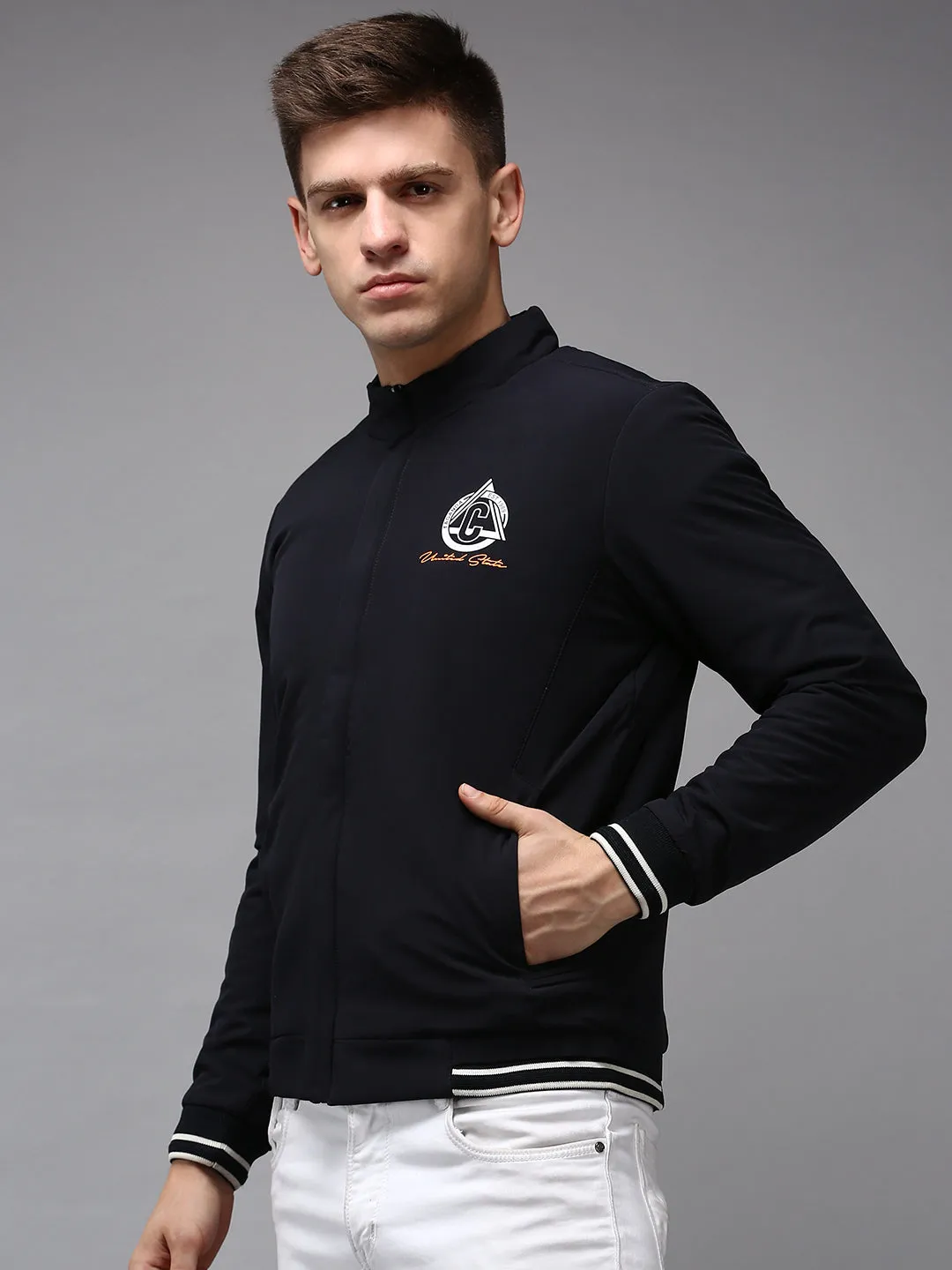 Men Navy Blue Water Resistant Bomber Jacket