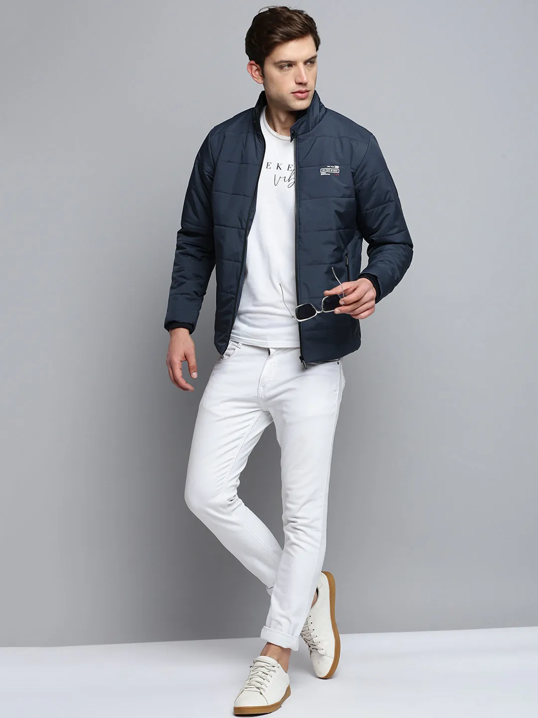 Men Navy Blue Water Resistant Padded Jacket