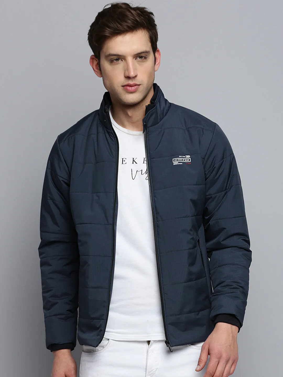 Men Navy Blue Water Resistant Padded Jacket