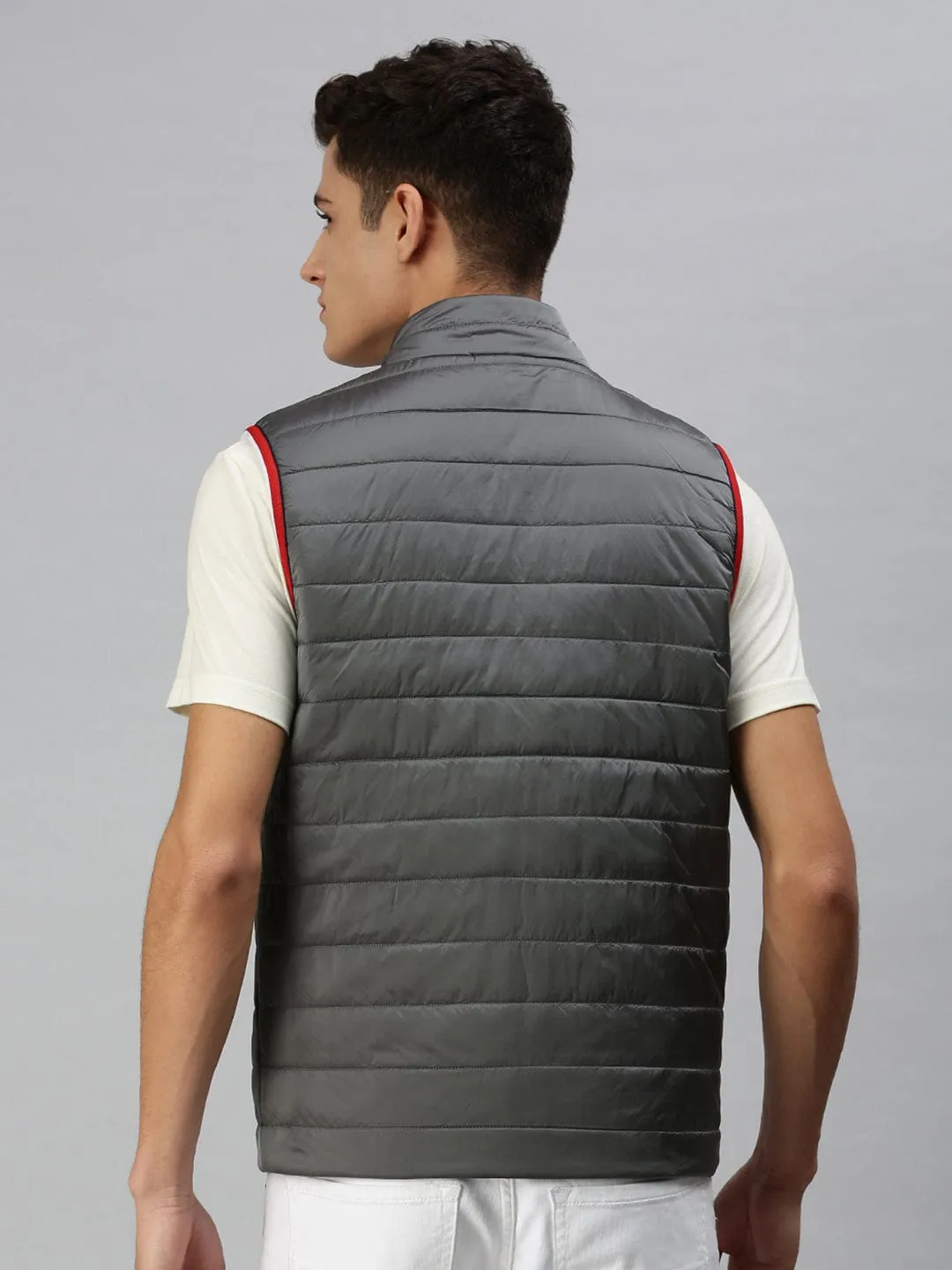 Men Solid Grey Casual Padded Jacket