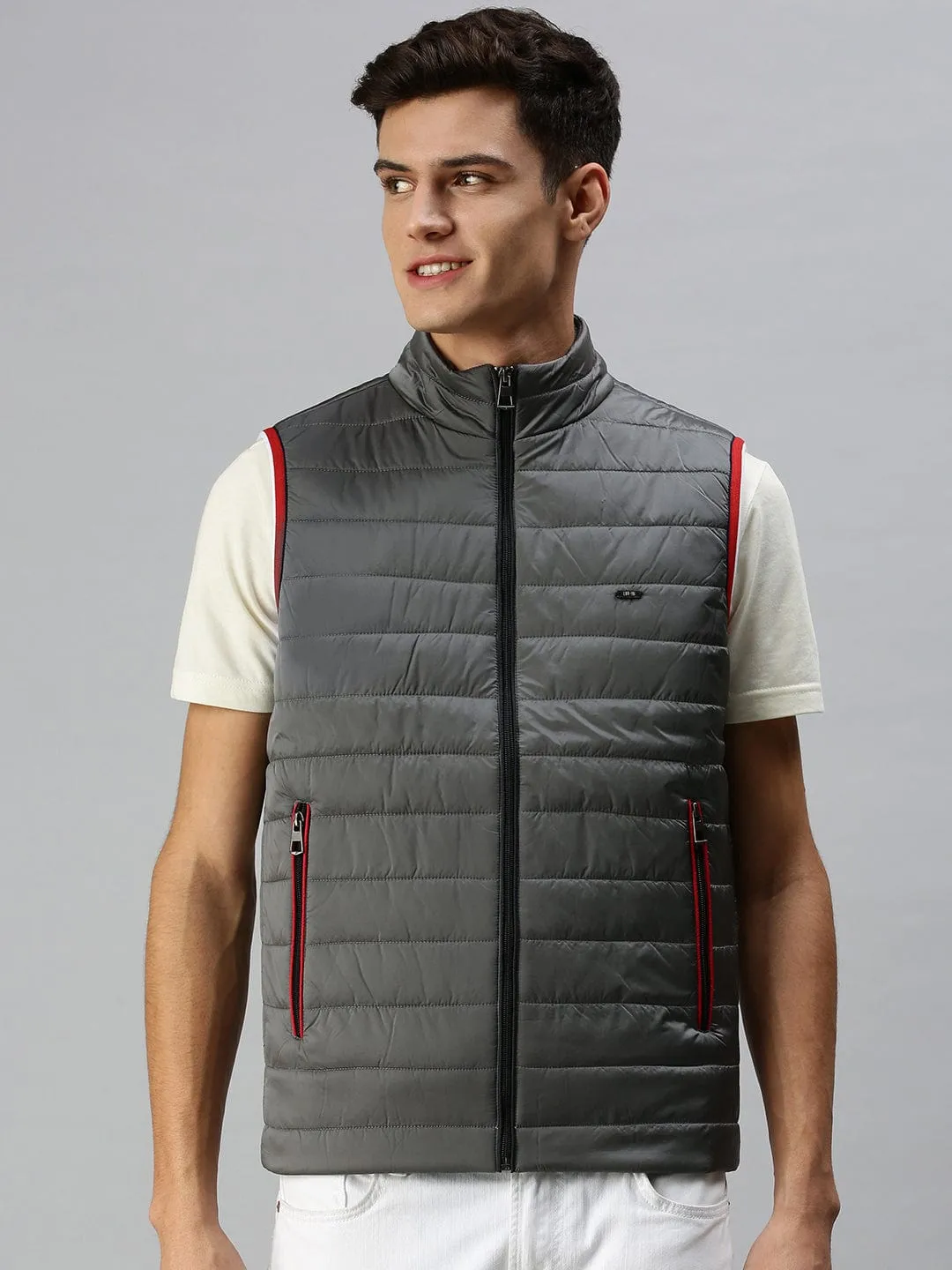Men Solid Grey Casual Padded Jacket