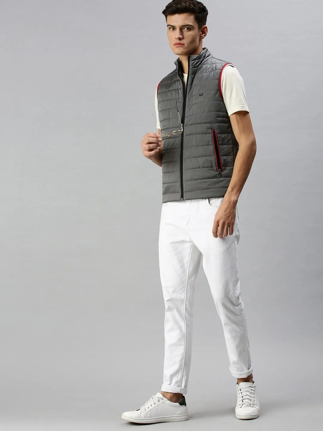Men Solid Grey Casual Padded Jacket