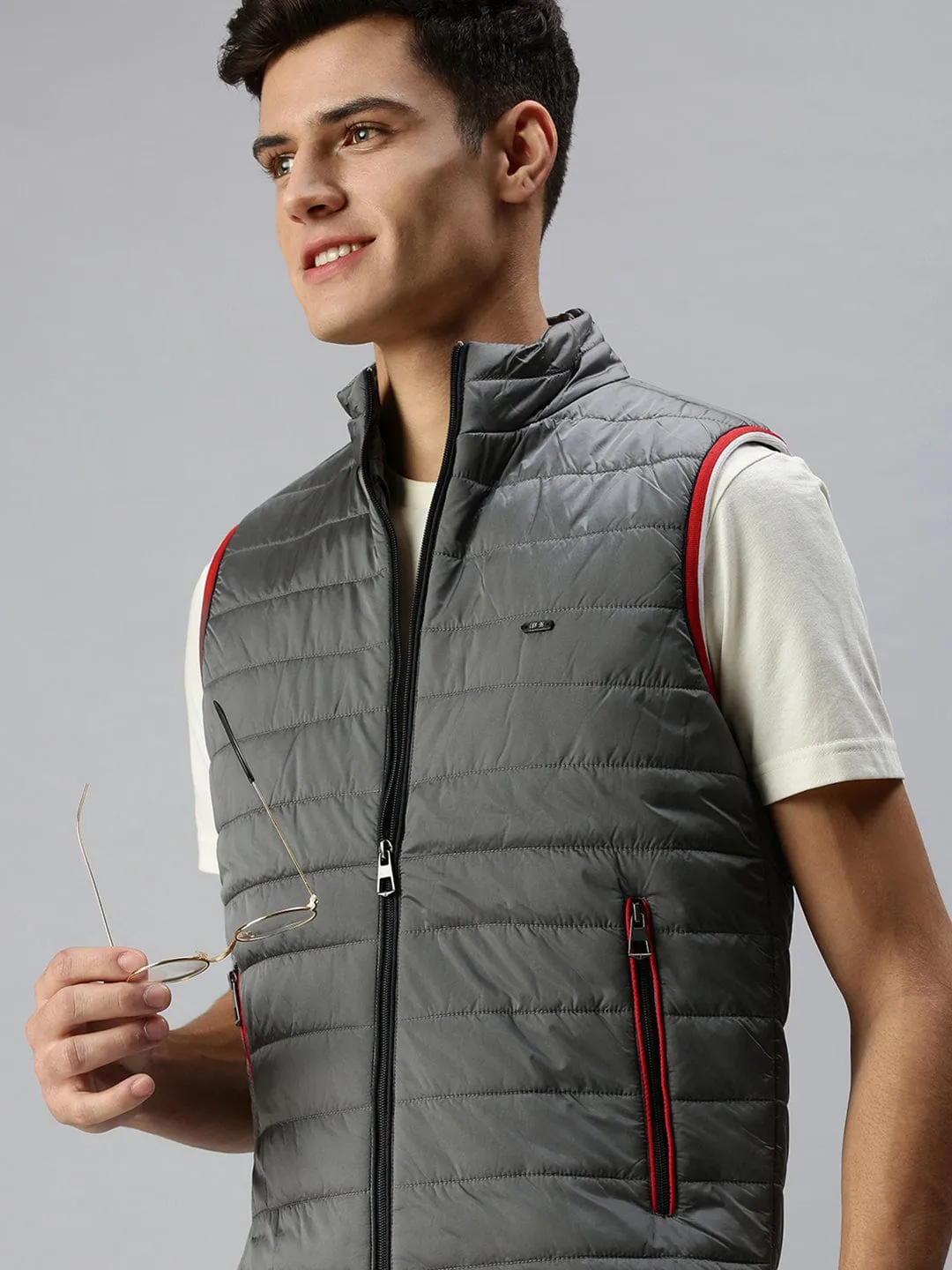 Men Solid Grey Casual Padded Jacket