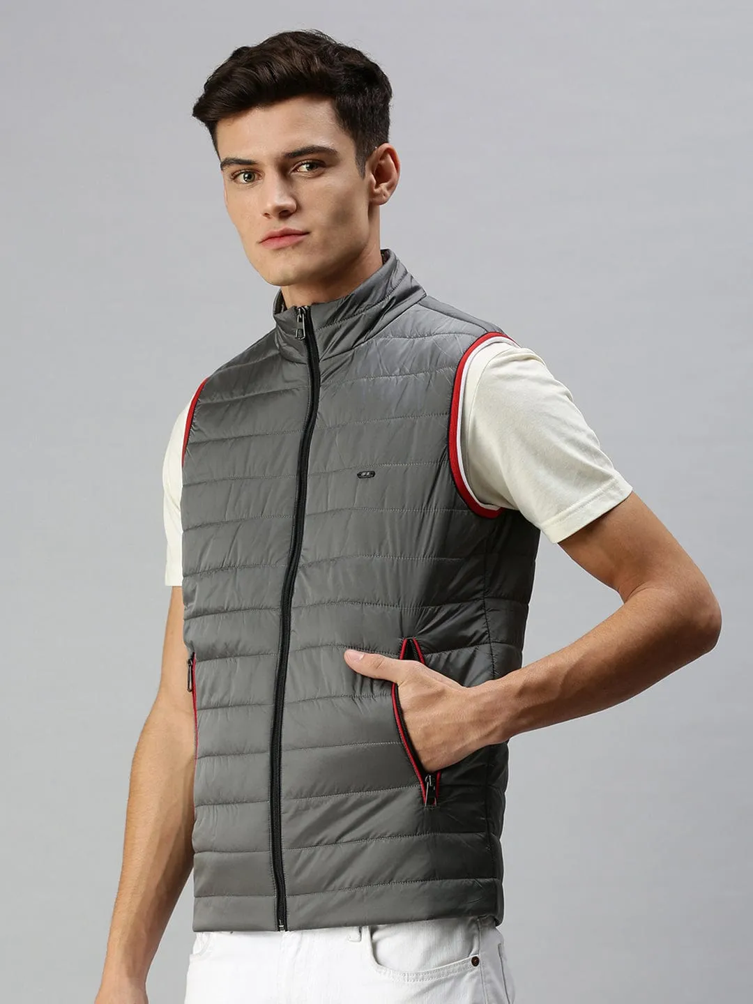 Men Solid Grey Casual Padded Jacket