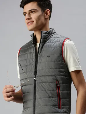 Men Solid Grey Casual Padded Jacket