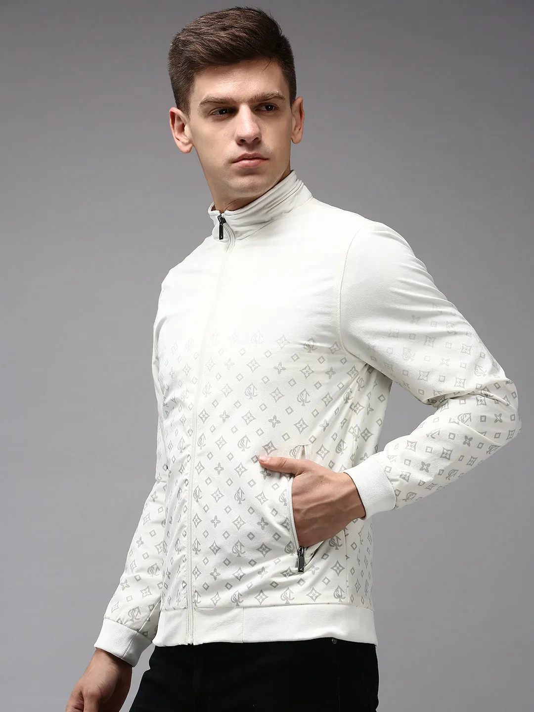 Men White Geometric Water Resistant Padded Jacket