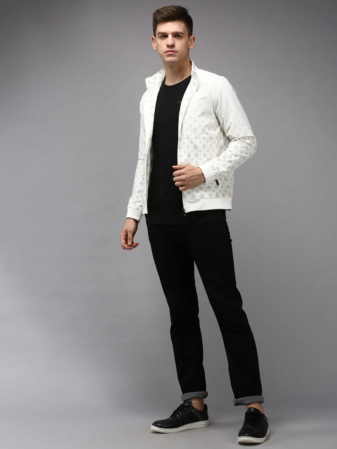 Men White Geometric Water Resistant Padded Jacket