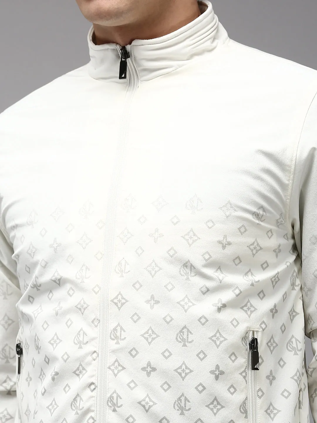 Men White Geometric Water Resistant Padded Jacket