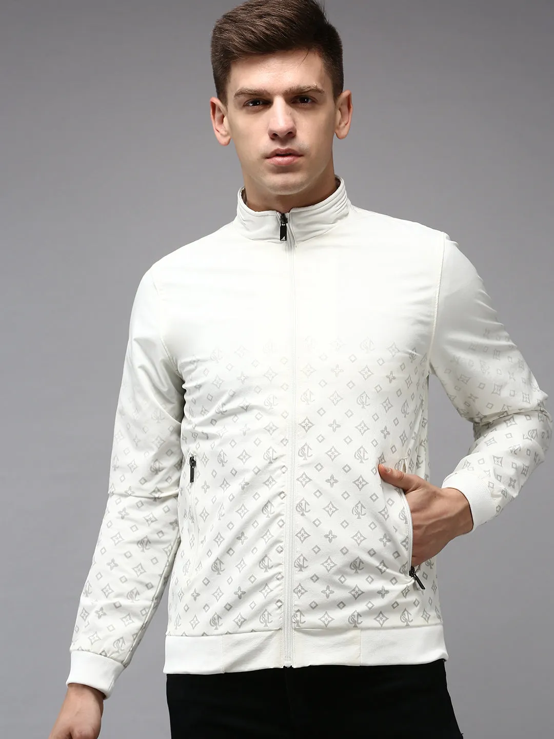 Men White Geometric Water Resistant Padded Jacket