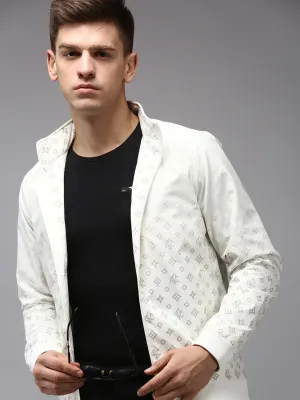 Men White Geometric Water Resistant Padded Jacket