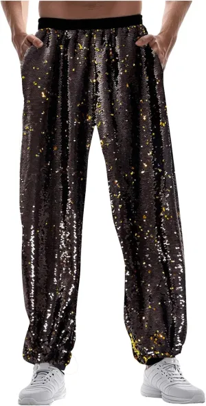 Mens 70s 80s Disco Sequin Joggers Pants Vintage Metallic Punk Baggy Tracksuits Elastic Waist Shiny Sparkly Rave