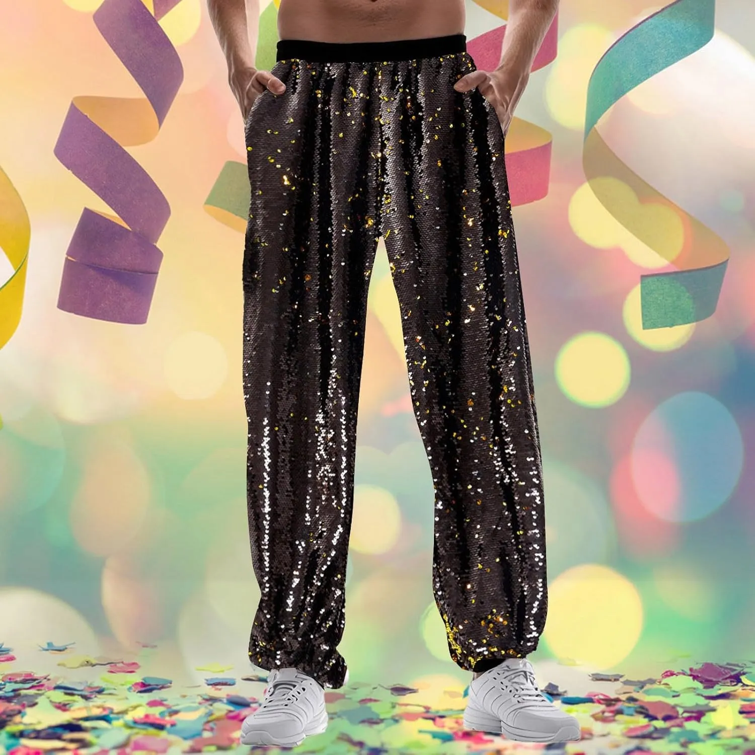 Mens 70s 80s Disco Sequin Joggers Pants Vintage Metallic Punk Baggy Tracksuits Elastic Waist Shiny Sparkly Rave