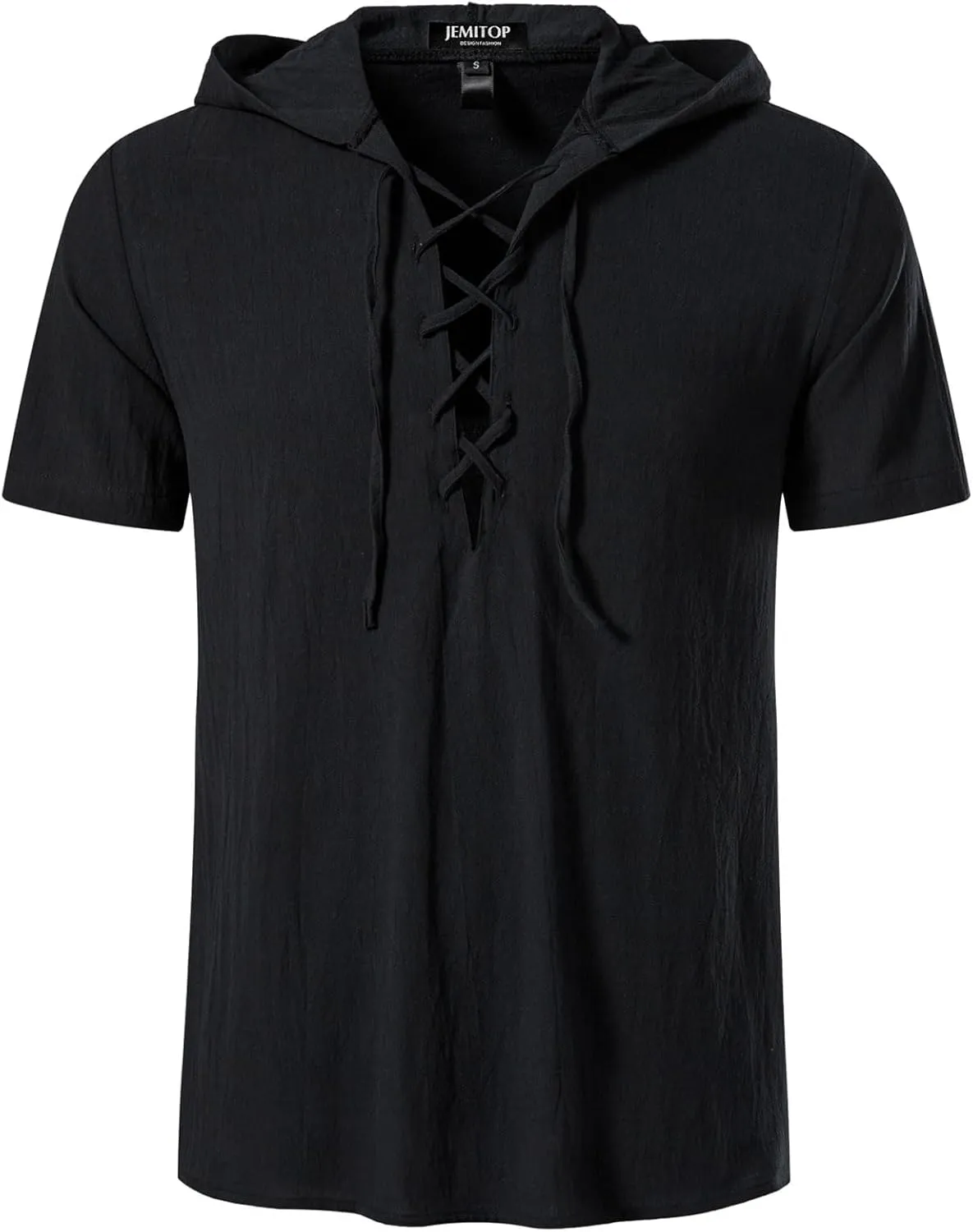 Men's Cotton Vintage Hooded Design Short Sleeve Lace up Shirts for Renaissance Pirate Viking Medieval Costume