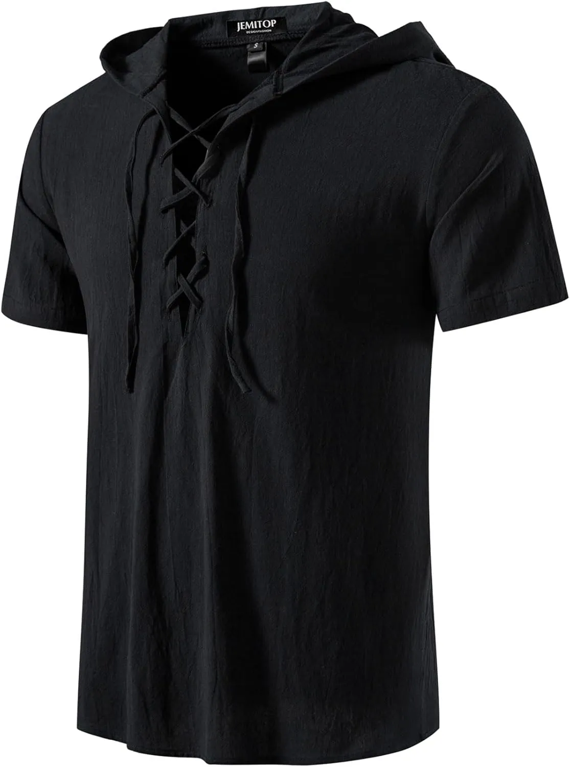 Men's Cotton Vintage Hooded Design Short Sleeve Lace up Shirts for Renaissance Pirate Viking Medieval Costume