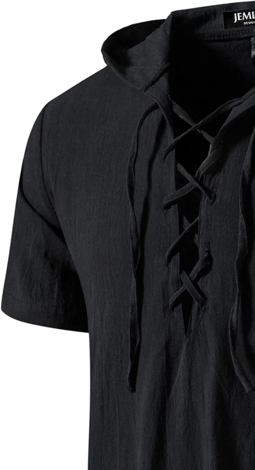 Men's Cotton Vintage Hooded Design Short Sleeve Lace up Shirts for Renaissance Pirate Viking Medieval Costume