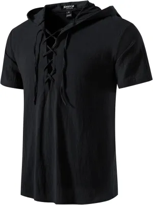 Men's Cotton Vintage Hooded Design Short Sleeve Lace up Shirts for Renaissance Pirate Viking Medieval Costume