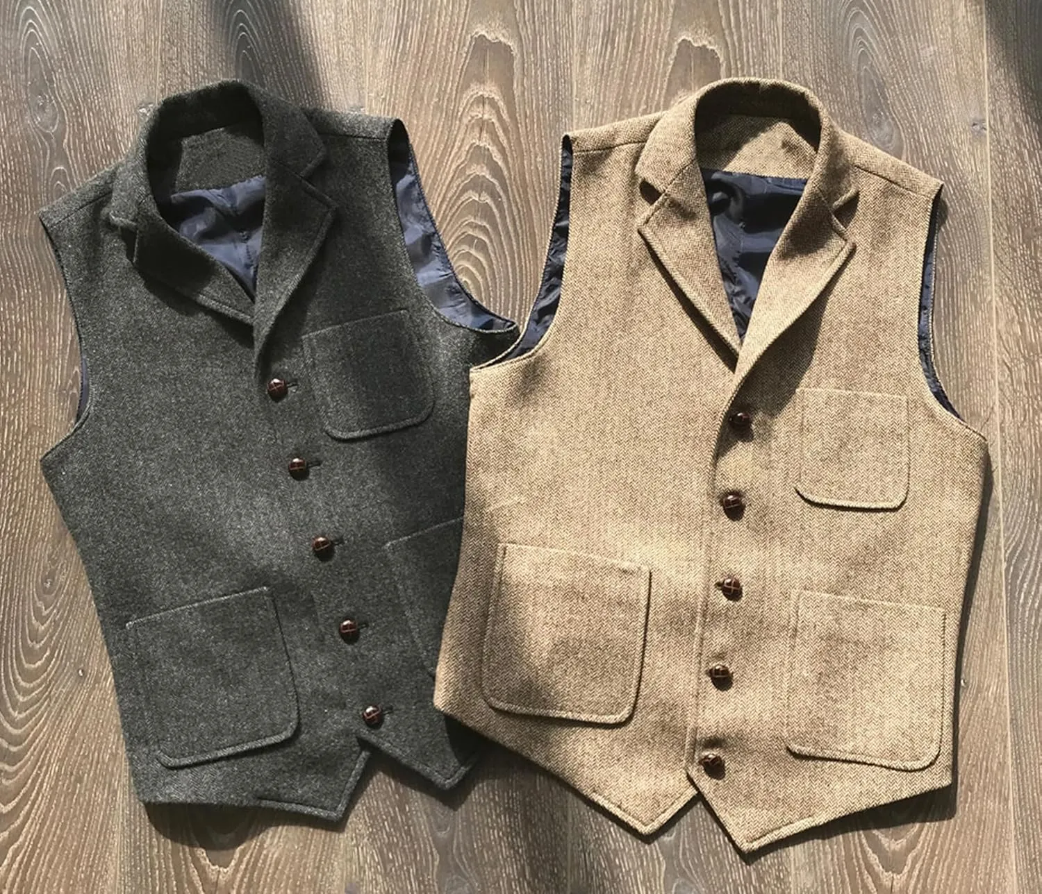 Mens Retro Suit Vest Tweed Wool Regular Fit Dress Waistcoat Herringbone for Jacket