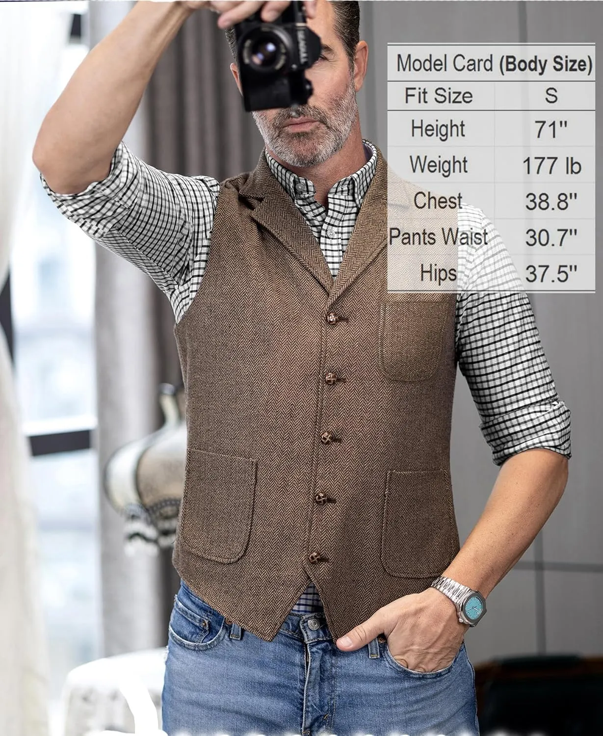 Mens Retro Suit Vest Tweed Wool Regular Fit Dress Waistcoat Herringbone for Jacket