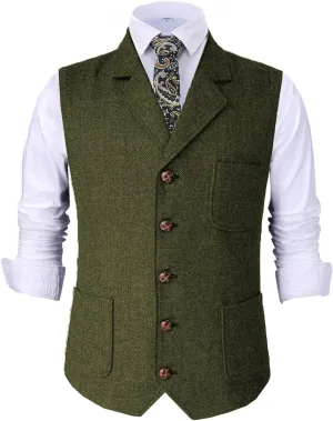 Mens Retro Suit Vest Tweed Wool Regular Fit Dress Waistcoat Herringbone for Jacket