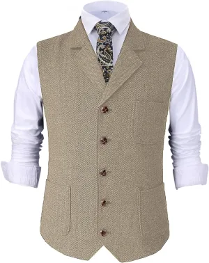 Mens Retro Suit Vest Tweed Wool Regular Fit Dress Waistcoat Herringbone for Jacket